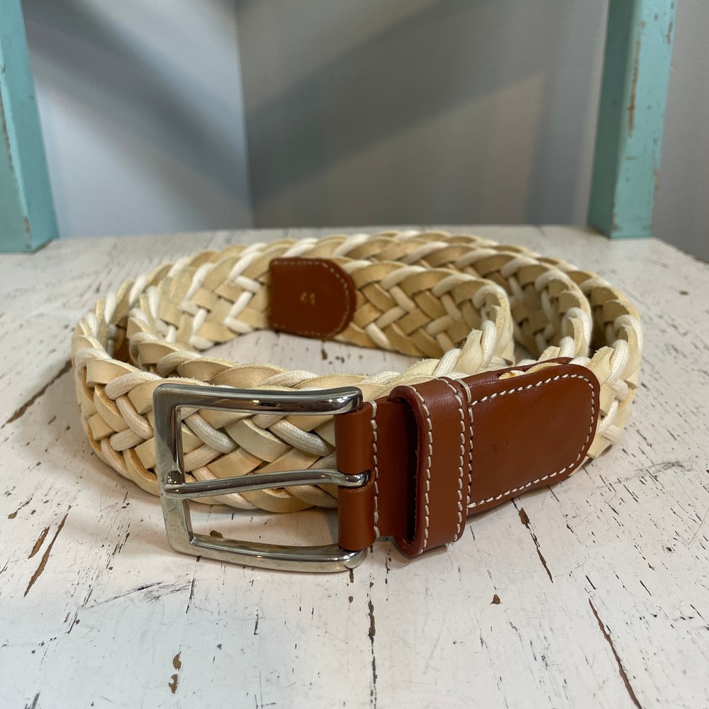 Tuttle Golf Belt Mens Braided Leather Cord Belt Cream Tan Woven Made Italy Sz 44
